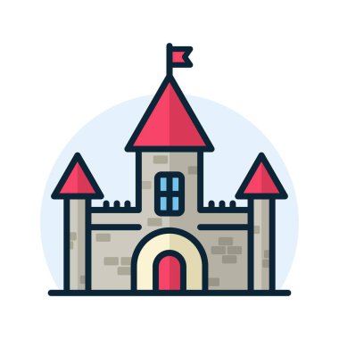 Kale çizgisi ikonu. Krallık Kulesi hayali gotik mimari silueti inşa ediyor. Ortaçağ kale sarayı. Kraliyet eski sihirli kalesi. Vektör illüstrasyonu.