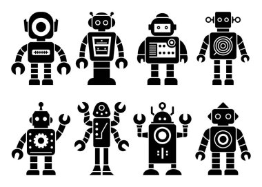 Robotlar mutlu siyah ikonlar koyarlar. Makine teknolojisi cyborg silueti. Gelecekçi insansı karakterler ayarlandı. Bilim robotik, Android dostu karakter, robotik teknoloji vektörü çizimi.
