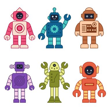 Mutlu çizgi roman çocuksu robot çizgi simgeleri ayarlayın. Makine teknolojisi sayborgu. Gelecekçi insansı karakterler ayarlandı. Bilim robotik, Android dostu karakter, robotik teknoloji vektörü çizimi.