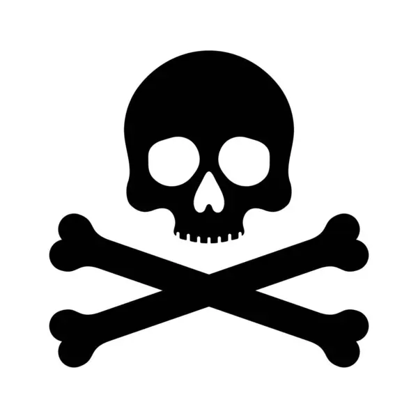 Çapraz kemikli kafatası ikon silueti, insan iskeleti kafası. Ölüm, korsan ve tehlike sembolü. Jolly Roger logo şablonu. Vektör illüstrasyonu.