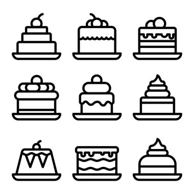Pasta siyah çizgi simgeleri hazır. Tatlı yemek için imza kiti. Basit lezzetli siyah sembol. Tatlı doğum günü pastaları, beyaza izole edilmiş kek fırını. Vektör illüstrasyonu.