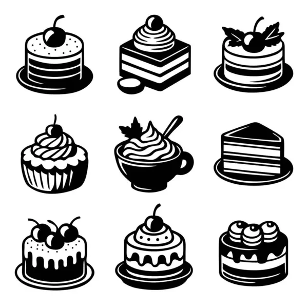 Τούρτα Επιδόρπιο Μαύρο Εικονίδια Που Σετ Γλυκών Φαγητών Απλό Νόστιμο Εικονογράφηση Αρχείου