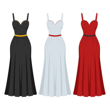 Akşam kokteyli, siyah, beyaz ve kırmızı elbise seti. Kadın kıyafetleri koleksiyonu. Siluet giysi. Uzun maksi, tam ve zemin uzunluğunda farklı şekillerde elbise ikonu. Vektör illüstrasyonu.