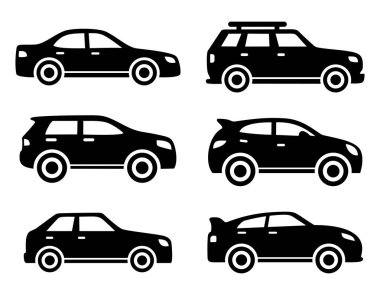 Farklı araba simgesi yan görünümü. Araç koleksiyonu. Araba siluetleri. Ulaşım sembolü. Vektör illüstrasyonu.
