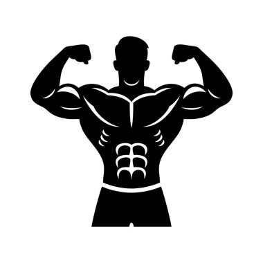 Bodybuilder icon. Man silhouette of a strong man, athlete icon. Body building muscles. Vector illustration.