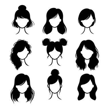 Female fashion hairstyle set. Woman head with haircuts, ponytail and bun. Different various hairstyles icon. Vector illustration.
