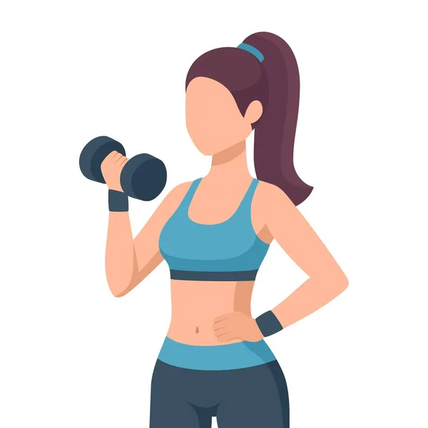 Dambılı fitness kadını. Seksi atletik kız vücut geliştirici. Spor salonu ya da kulüp konsepti için düz çizgi film tarzında spor yapan bir kadın. Vektör illüstrasyonu.