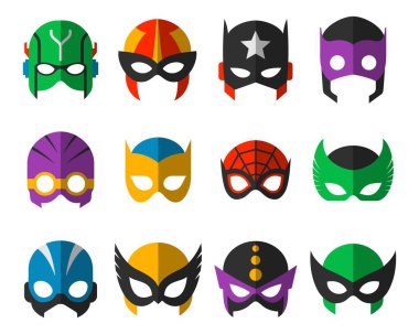 Süper kahraman maskeleri takıldı. Süper kahraman maskesi ve maskeli çizgi film karakteri. Çizgi roman maskesi koleksiyonu. Kahramanca veya kurtarıcı vektör çizimi.