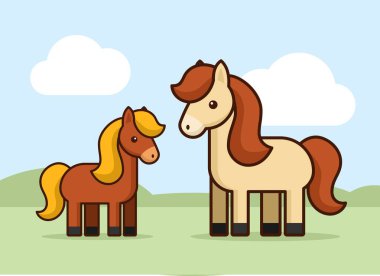 Doğanın çayırlarında farklı renklerde atlar. Yazlık arazisi, mavi gökyüzü ve çiftçi hayvan atı olan kırsal bölge. Vektör illüstrasyonu.