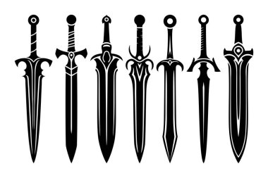 Fantezi kılıç setleri. Oyun arayüzü için ortaçağ kılıçları ve gelecekteki silahlar. Fantezi metal uzun kılıçlar dizisi. Vektör illüstrasyonu.