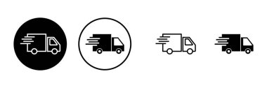 Teslimat simgeleri ayarlandı. Hızlı Teslimat Simgesi. Hızlı nakliye kamyonu. Kamyon simgesi teslimatı