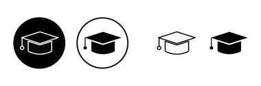 Eğitim simgeleri ayarlandı. Mezuniyet şapkası ikonu. Mezun olmak. Öğrenci şapkası