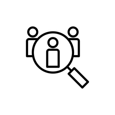 Beyaz arkaplanda izole edilmiş simge vektörü işe alınıyor. İnsan kaynakları konsepti. Adam alımı. Arama işi boşluk simgesi. İşe al. İnsan simgesi bul