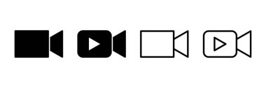 Video kamera ikonu vektörü beyaz arkaplanda izole edildi. Video kamera vektör simgesi. Kamera Simgeleri. Film tabelası. Sinema