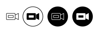 Video kamera ikonu vektörü beyaz arkaplanda izole edildi. Video kamera vektör simgesi. Kamera Simgeleri. Film tabelası. Sinema