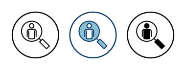 Beyaz arkaplanda izole edilmiş simge vektörü işe alınıyor. İnsan kaynakları konsepti. Adam alımı. Arama işi boşluk simgesi. İşe al. İnsan simgesi bul