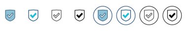 Beyaz arkaplanda izole edilmiş kalkan işaretleme simgesi vektörü. Koruma onayı işareti. Güvenli simge vektörü