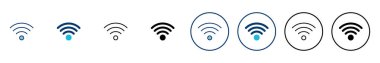 WIFI Simge vektörü beyaz arkaplanda izole edildi. Sinyal vektör simgesi. Kablosuz ve kablosuz ağ simgesi veya uzak internet erişimi için imza