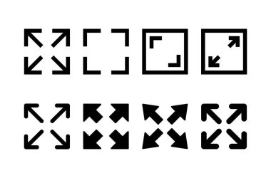 Beyaz arkaplanda tam ekran simge vektörü izole edildi. Tam ekran simgesine genişlet. Tam ekran işaret simgesi. Oklar sembolü