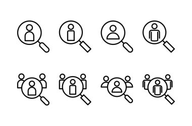 Beyaz arkaplanda izole edilmiş simge vektörü işe alınıyor. İnsan kaynakları konsepti. Adam alımı. Arama işi boşluk simgesi. İşe al. İnsan simgesi bul