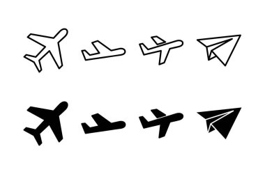 Beyaz arkaplanda izole edilmiş düzlem simgesi vektörü. Uçak vektör simgesi. Uçuş taşıma sembolü. Seyahat elementi çizimi. Tatil sembolü. Uçak.