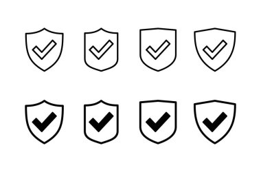 Beyaz arkaplanda izole edilmiş kalkan işaretleme simgesi vektörü. Koruma onayı işareti. Güvenli simge vektörü