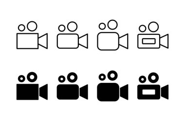 Video kamera ikonu vektörü beyaz arkaplanda izole edildi. Video kamera vektör simgesi. Kamera Simgeleri. Film tabelası. Sinema