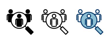 Beyaz arkaplanda izole edilmiş simge vektörü işe alınıyor. İnsan kaynakları konsepti. Adam alımı. Arama işi boşluk simgesi. İşe al. İnsan simgesi bul