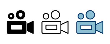 Video kamera ikonu vektörü beyaz arkaplanda izole edildi. Video kamera vektör simgesi. Kamera Simgeleri. Film tabelası. Sinema