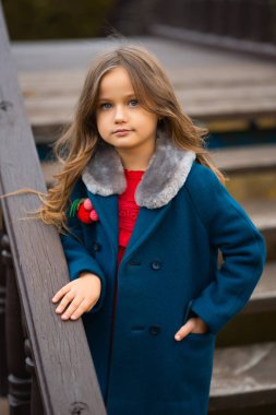 Mavi ceketli bir kız sonbahar parkının merdivenlerinde kameraya bakıyor.