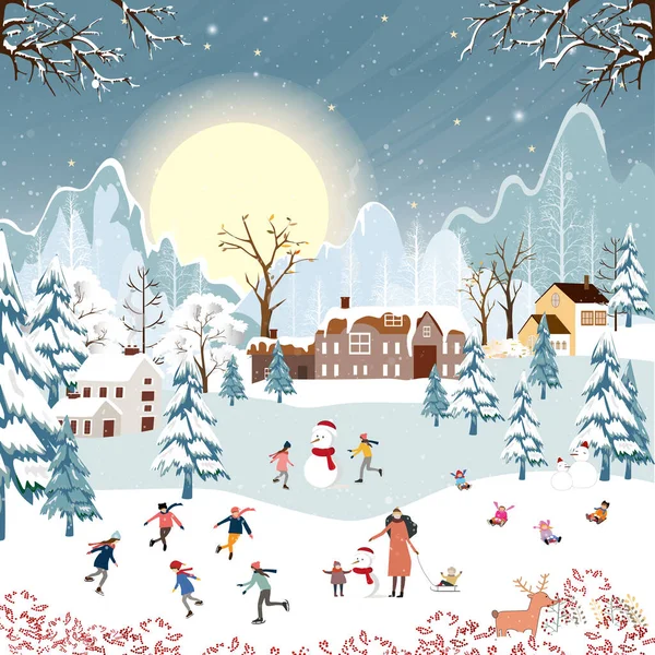 Χειμερινή Σκηνή Τοπίο Νύχτα Των Χριστουγέννων Διάνυσμα Πανό Χαριτωμένο Θαυμάτων — Διανυσματικό Αρχείο