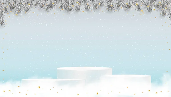 Πρωτοχρονιά 2023 Κάρτα Studio Βάθρο Νιφάδες Χιονιού Κρέμεται Onblue Ουρανό — Διανυσματικό Αρχείο