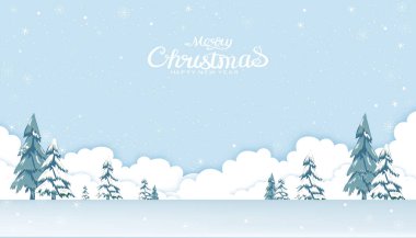 Merry Christmas and Happy New Year greeting card,Vector illustration paper cut Winter scene landscape with pine tree, snowflakes, white cloud scape and snowy on blue sky background. clipart