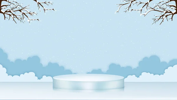 快乐圣诞背景3D显示圆筒形状和剪纸云彩蓝天雪花装饰 圣诞节或新年旗帜的矢量插图或贺卡 — 图库矢量图片