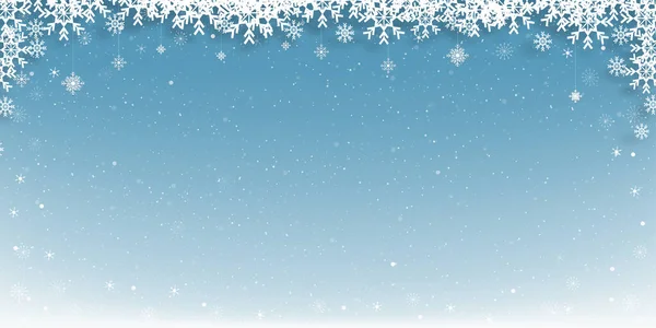 Weihnachten Hintergrund Mit Winterlandschaft Schneeflocken Rahmen Auf Blauem Himmel Hintergrund — Stockvektor