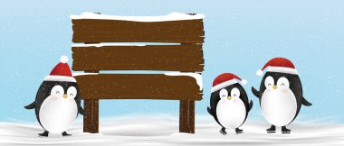 Bir grup şirin Penguen, tahta levha direğiyle ayakta duruyor. Kırmızı Noel şapkalı komik penguen karakteri karda, Noel 'de ve yeni yılda buz pateni yapıyor. 