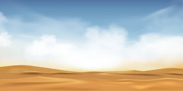 暑い晴れた日にはふわふわの雲とビーチの砂と青空夏の春 ベクトルイラストパノラマ最小限の漫画美しい自然砂漠の風景砂丘朝の日光と砂丘 — ストックベクタ