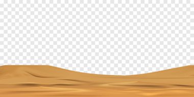 Şeffaf arkaplanda ıssız bir çöl manzarası. Güzel gerçekçi kumsal kumulları. Kumlu çölün 3d vektör illüstrasyonu.