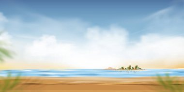 Sabah Gökyüzü, Orange Light ve Mavi Gökyüzü ile birlikte, Ocean Tropical on Island 'da, Panoramic Sea plajı, hindistan cevizi palmiyesi ağacı ve gündoğumu, sahil kumunun güzel doğasını temsil eder. 