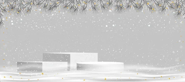 Fond Vacances Hiver Avec Branches Arbres Noël Bordure Ornements Podium — Image vectorielle