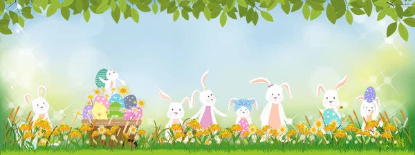 Easter Greeting Card Cute Bunny Hunt Easter Eggs Grass Field - Stok Vektor