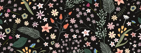 Seamless Flora Pattern Vector Endless Cute Floral Blooming Black Background - Stok Vektor