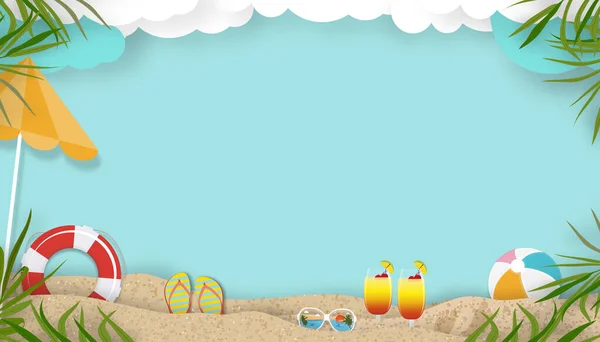 ピンクの波の層とコピースペースとビーチ休暇の休日のテーマと夏のシーンの背景 ベクトルトップビューの熱帯夏のデザイン ヤシの葉と青空の背景に雲の紙のカット — ストックベクタ