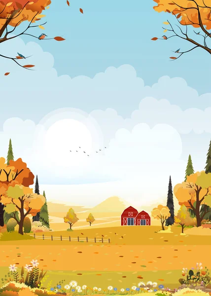 有蓝天背景的农田秋景 有云天和太阳的乡村地平线秋天季节 橙叶中的草地 秋天背景中的矢量垂直旗帜 — 图库矢量图片