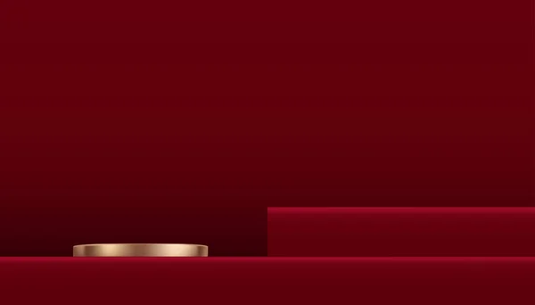Display Pink Gold Cylinder Podium Red Wall Background Vector Adegan - Stok Vektor