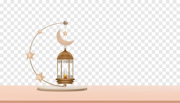 带有传统3D彩灯的伊斯兰佛像 有新月 透明背景上挂着星星 穆斯林符号宗教的矢量背景 开斋节 斋月卡里姆 宰牲节 埃及穆巴拉克 — 图库矢量图片