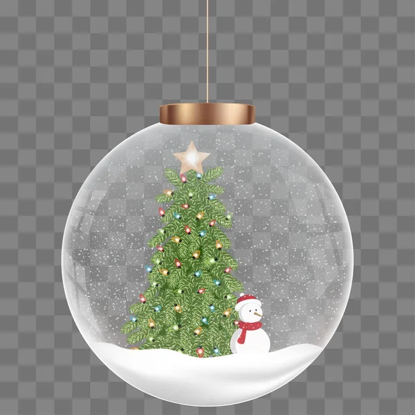Kerstbal Decoraties Geïsoleerd Glas Transparante Kerstboom Met Sneeuwpop Vectorillustratie Realistisch — Stockvector