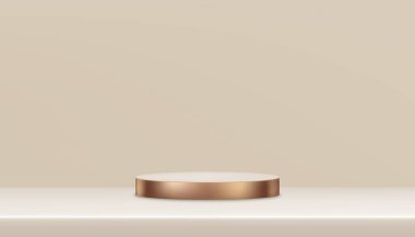 3 boyutlu Pembe Altın Silindir Podyumu Krem Renk Arkaplanı üzerine sergilenen duvar stüdyosu, Sevgililer Günü, Çin yeni yılı, Noel, Anneler Günü ürün sunumlu Vektör lüks stüdyo sahnesi