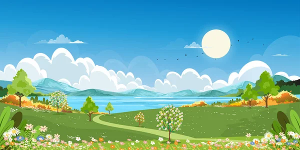 Spring Rural landscape by the lake with Green Field Meadow on Hills, Clouds and Blue Sky,Vector Cartoon horizon Nature Sunny day Summertime,Panoramic Countryside bye river with Mountain,flower bloomig