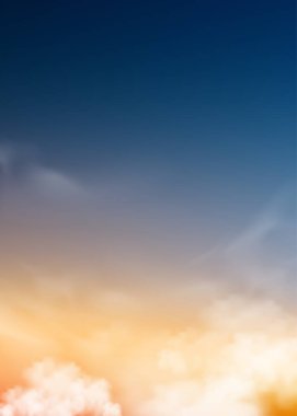 Sunset sky in evening with orange, yellow and purple colour,Vertical Dramatic dusk sky, Twilight landscape with dark blue,Vector illustration horizon banner of sunrise for Autumn, Winter background 